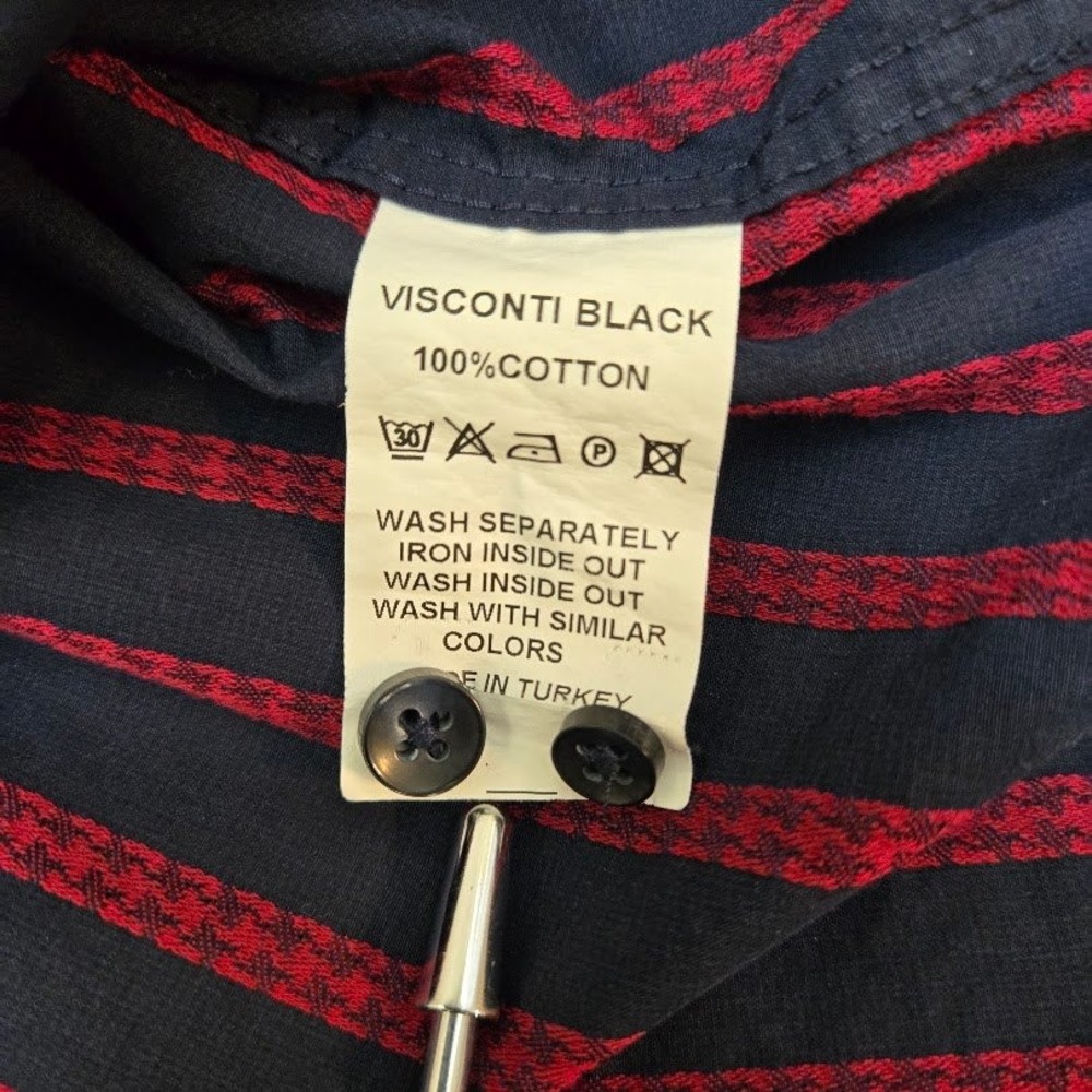 Visconti Black Navy Red Stripe Contrast Trim Button Down‎ Long Sleeve Shirt Sz L - Picture 9 of 9